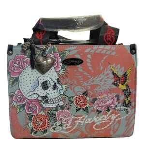 Ed Hardy Skull & Roses Rhinestone Tote Bag